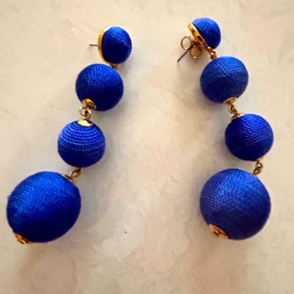 Saks blue ball drop earrings with gold hardware